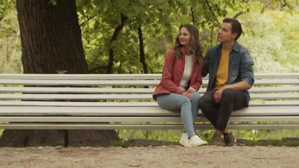 Jovem Feliz Casal Amoroso Ter Encontro Banco Parque Relações Amizade — Vídeo de Stock