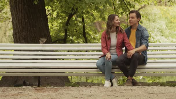 Jovem Feliz Casal Amoroso Ter Encontro Banco Parque Relações Amizade — Vídeo de Stock