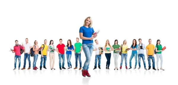 Grande Grupo Estudantes Adolescentes Isolados Fundo Branco Muitas Pessoas Diferentes — Fotografia de Stock