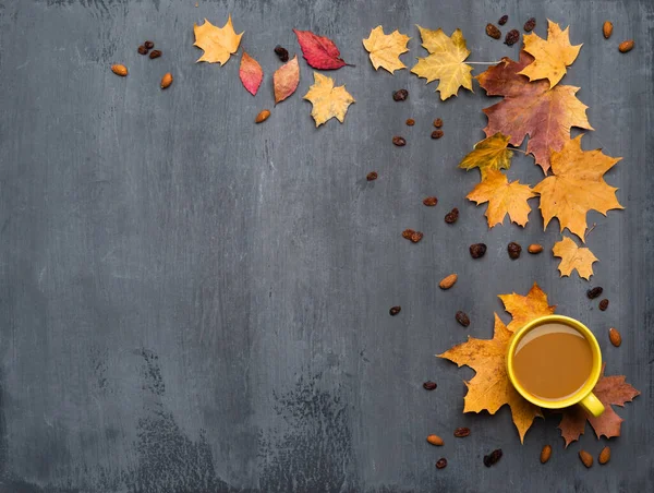 Saisonale Herbststimmung Rahmen Aus Bunten Ahornblättern Und Einer Tasse Heißgetränk — Stockfoto