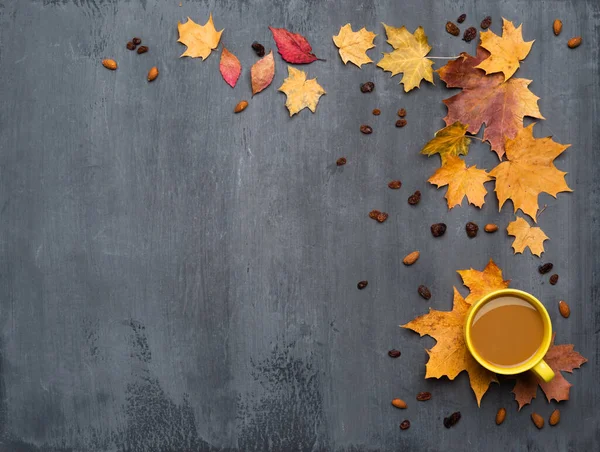 Fond Saisonnier Automne Cadre Feuilles Érable Colorées Une Tasse Boisson — Photo