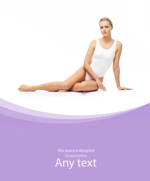 Young Beautiful Slim Healthy Blond Girl White Swimsuit Massage Skincare — Stock Photo, Image