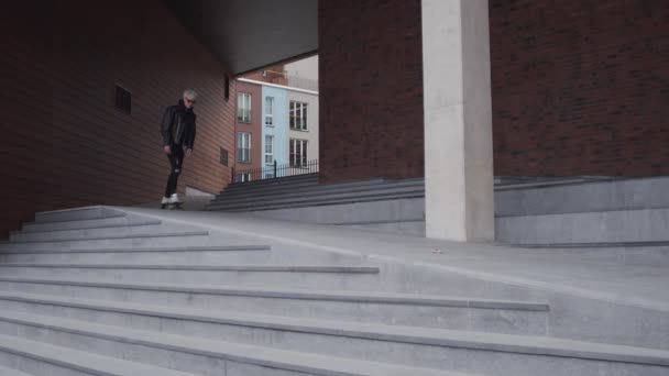 Portrait Stylish Teenage Young Guy Riding Skateboard Outdoor Teenager Skate — Stock Video