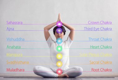 Nilüfer pozisyonunda meditasyon yapan genç ve sağlıklı bir kadın. Vücudunun üzerinde renkli çakra ışıkları var. Yoga, zen, Budizm, iyileşme, sağlık ve refah kavramı.