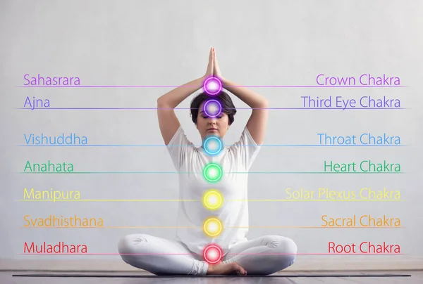 Mujer Joven Saludable Meditando Posición Loto Chakra Colores Ilumina Cuerpo —  Fotos de Stock