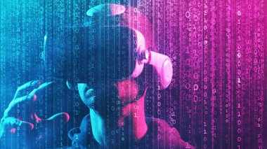 Sanal gerçeklik kaskı takmış bir adamın portresi soyut dijital arka planda. Sanal gerçeklik gözlüklü karanlık yüz. İnternet, darknet, oyun ve siber simülasyon kavramı.