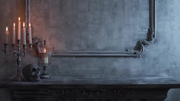 Mystical Halloween Still Life Background Skull Candlestick Candles Old Fireplace — Stock Video