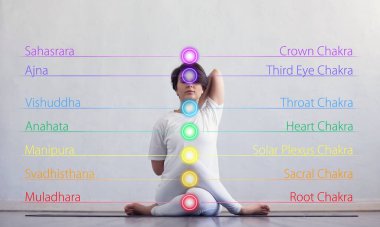 Nilüfer pozisyonunda meditasyon yapan genç ve sağlıklı bir kadın. Vücudunun üzerinde renkli çakra ışıkları var. Yoga, zen, Budizm, iyileşme, sağlık ve refah kavramı.
