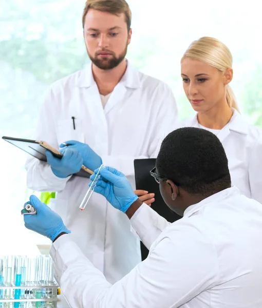 Cientista Estudantes Que Trabalham Laboratório Médico Ensinar Estagiários Fazer Análises — Fotografia de Stock