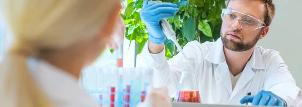 Scientist and students working in lab. Doctor teaching interns to make blood analyzing research. Laboratory tools: microscope, test tubes, equipment. Coronavirus, chemistry, bacteriology, virology and