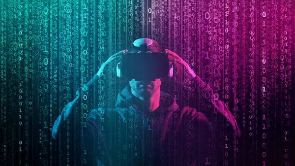 Portret Van Een Man Virtual Reality Helm Abstracte Digitale Achtergrond — Stockfoto