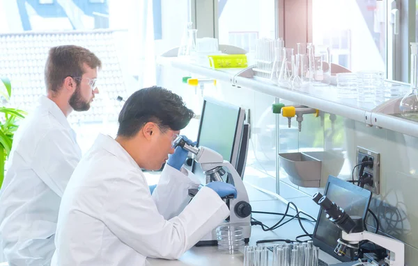 Cientista Estudantes Que Trabalham Laboratório Médico Estagiário Ensino Para Fazer — Fotografia de Stock