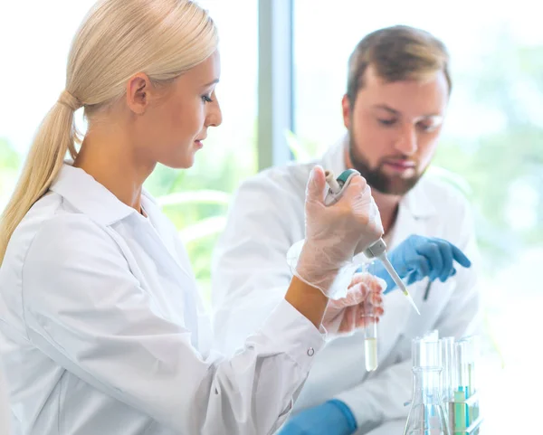 Cientista Estudantes Que Trabalham Laboratório Médico Estagiário Ensino Para Fazer — Fotografia de Stock