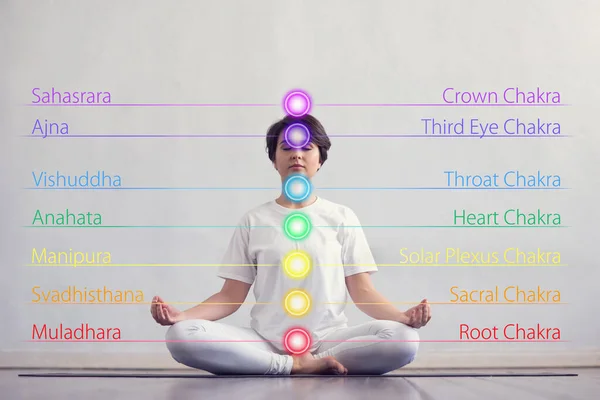 Mujer Joven Saludable Meditando Posición Loto Chakra Colores Ilumina Cuerpo —  Fotos de Stock