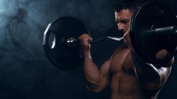 Fit Sporty Bodybuilder Black Background Bodybuilder Training Using Barbell Sport — Stock Video