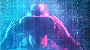 Sanal gerçeklik kaskı takmış bir adamın portresi soyut dijital arka planda. Sanal gerçeklik gözlüklü karanlık yüz. İnternet, darknet, oyun ve siber simülasyon kavramı.