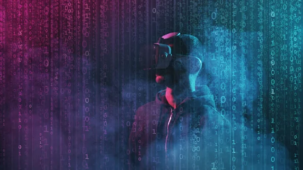 Портрет Человека Шлеме Виртуальной Реальности Абстрактном Цифровом Фоне Затемненное Темное — стоковое фото
