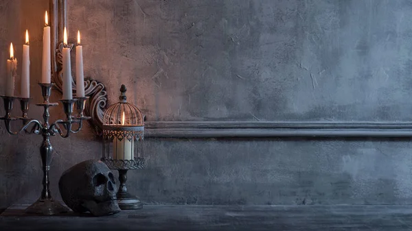 Mystical Halloween Still Life Background Skull Candlestick Candles Old Fireplace — Stock Photo, Image