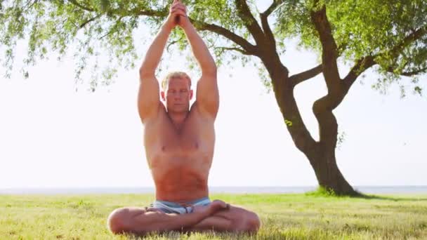 Convient Bel Homme Pratiquant Yoga Plein Air Sur Herbe Mer — Video