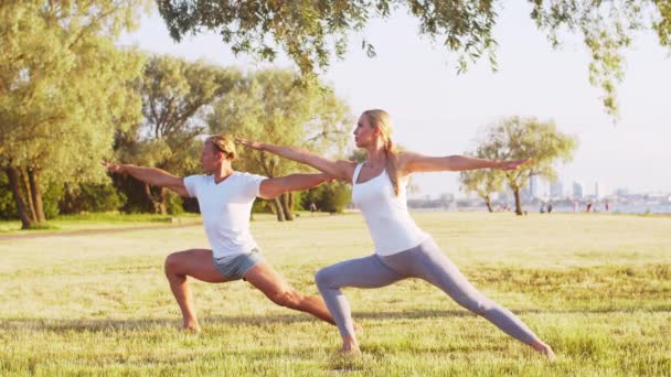Adatto Uomo Bella Donna Che Praticano Yoga All Aperto Sull — Video Stock