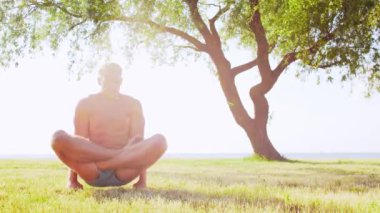 Sağlıklı ve yakışıklı bir adam çimlerin üzerinde yoga yapıyor. Deniz, gökyüzü ve arka plandaki ağaç. Gün batımında esneme egzersizi. Spor, spor, sağlık hizmetleri ve yaşam tarzı kavramları.