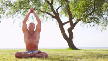 Sağlıklı ve yakışıklı bir adam çimlerin üzerinde yoga yapıyor. Deniz, gökyüzü ve arka plandaki ağaç. Gün batımında esneme egzersizi. Spor, spor, sağlık hizmetleri ve yaşam tarzı kavramları.