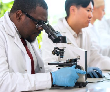 Laboratuvarda çalışan bir bilim adamı. Doktorlar tıbbi araştırma yapıyor. Laboratuvar aletleri: mikroskop, test tüpleri, ekipmanlar. Biyoteknoloji, kimya, bilim, deneyler ve sağlık konsepti. Gün ışığı ve