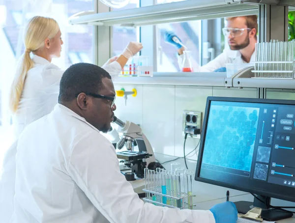 Cientista Estudantes Que Trabalham Laboratório Médico Ensinar Estagiários Fazer Análises — Fotografia de Stock