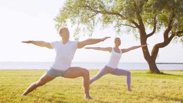 Hombre Mujer Hermosa Practicando Yoga Aire Libre Hierba Mar Cielo — Vídeos de Stock