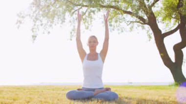 Formda ve güzel bir kadın çimlerin üzerinde yoga yapıyor. Deniz, gökyüzü ve arka plandaki ağaç. Gün batımında esneme egzersizi. Spor, spor, sağlık hizmetleri ve yaşam tarzı kavramları.