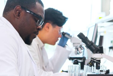 Laboratuvarda çalışan bir bilim adamı. Doktorlar tıbbi araştırma yapıyor. Laboratuvar aletleri: mikroskop, test tüpleri, ekipmanlar. Biyoteknoloji, kimya, bilim, deneyler ve sağlık konsepti. Gün ışığı ve