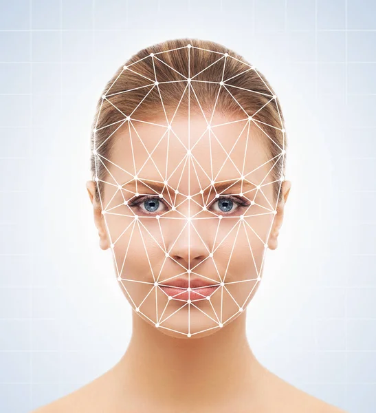 Portrait of attractive woman with a scnanning grid on her face. Face id, security, facial recognition concept.