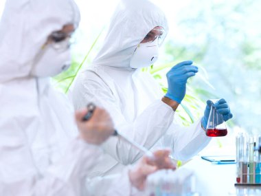 Laboratuvarda çalışan koruyucu giysi ve maskeli bilim adamları laboratuvar ekipmanları kullanıyorlardı: mikroskop, test tüpleri. Biyolojik tehlike, farmasötik keşif, bakteri ve virüs bilimi kavramı.