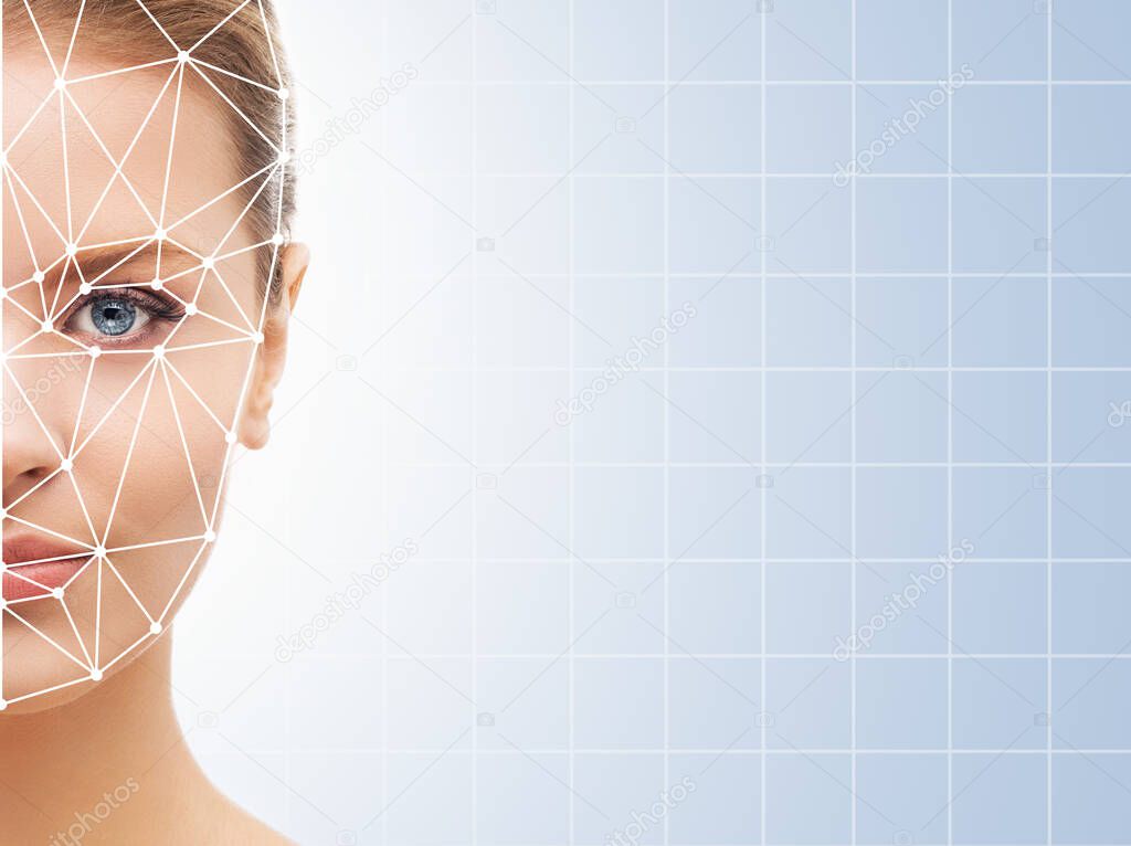 Portrait of beautiful woman with a scanning grid. Face id, security, facial recognition, authentication technology concept.