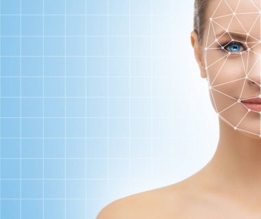 Tarama ızgarası olan güzel bir kadının portresi. Yüz kimliği, güvenlik, yüz tanıma, kimlik doğrulama teknolojisi konsepti.