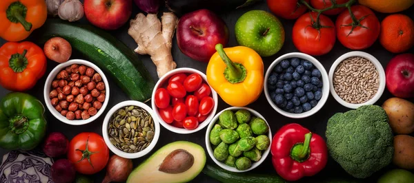 Zdrowe Składniki Odżywcze Świeże Warzywa Owoce Superjedzenie Odżywianie Dieta Wegańska — Zdjęcie stockowe