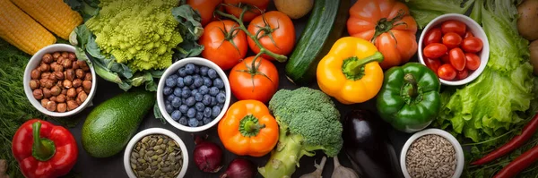 Ingredientes Alimentares Saudáveis Legumes Frescos Frutas Superalimentos Nutrição Dieta Conceito — Fotografia de Stock