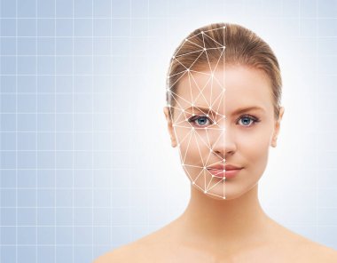 Çekici bir kadının portresi. Yüzünde parlama ızgarası var. Yüz tanıma, güvenlik, yüz tanıma konsepti.