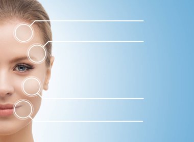 Yüzünde oklar olan genç, güzel ve sağlıklı bir kadın. Spa, ameliyat, yüz gerdirme ve makyaj konsepti