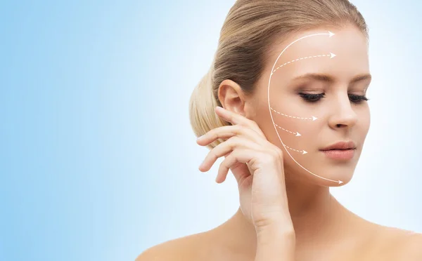 Young Beautiful Healthy Woman Arrows Her Face Spa Surgery Face — Stock Photo, Image
