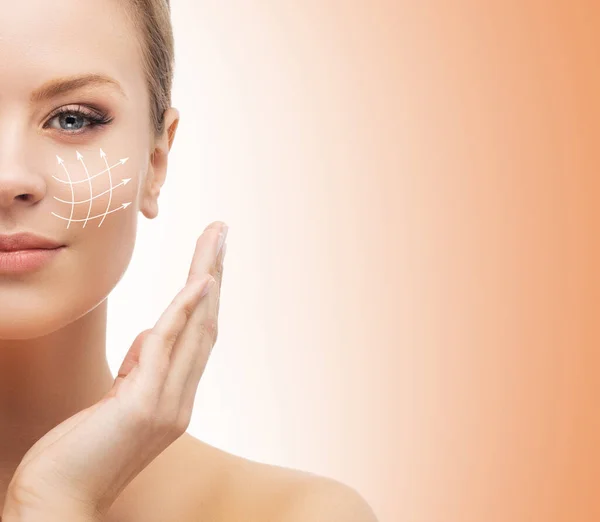 Young Beautiful Healthy Woman Arrows Her Face Spa Surgery Face — Stock Photo, Image