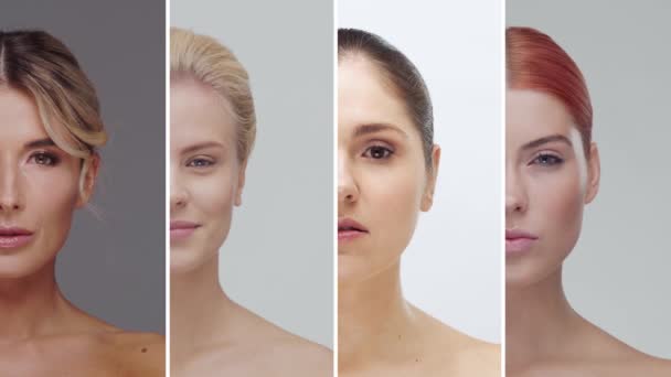 Collage Hecho Cuatro Caras Femeninas Diferentes Retratos Mujeres Hermosas Conceptos — Vídeos de Stock