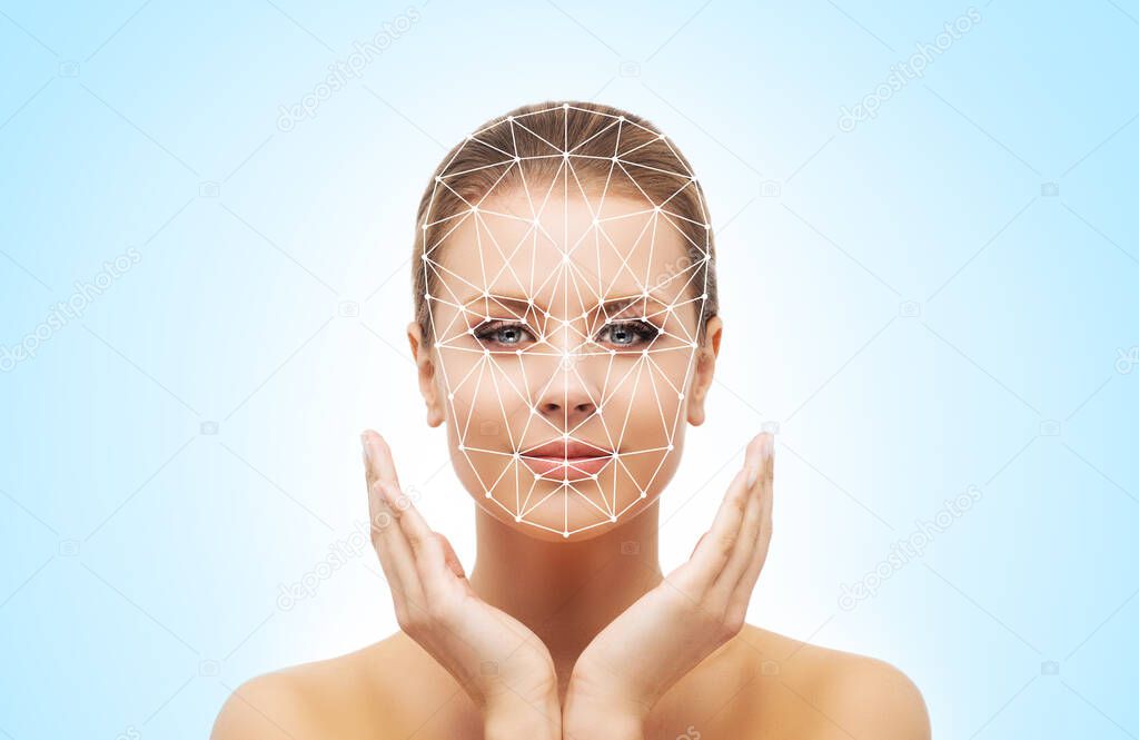Portrait of beautiful woman with a scanning grid. Face id, security, facial recognition, authentication technology concept.