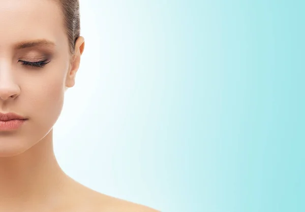 Face Beautiful Girl Cyan Background Plastic Surgery Skin Lifting Spa — Stock Photo, Image