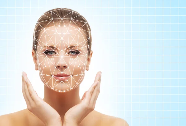 Retrato Mulher Bonita Com Uma Grade Digitalização Identificação Facial Segurança — Fotografia de Stock