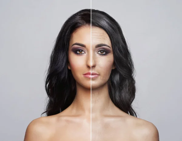 Collage Dos Retratos Misma Anciana Joven Concepto Lifting Facial Envejecimiento —  Fotos de Stock