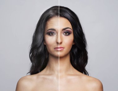 Aynı yaşlı kadın ve genç kadının iki portresinin kolajı. Yüz gerdirme, yaşlanma ve cilt bakımı.