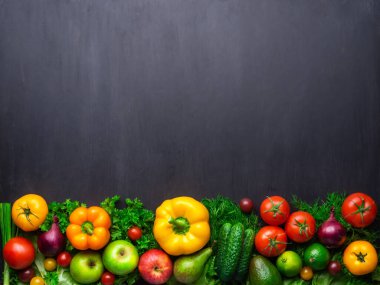 Sağlıklı yiyecekler: taze sebzeler, meyveler ve süper yiyecekler. Beslenme, diyet, vejetaryen gıda konsepti. Somut arkaplan