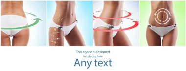 Formda ve beyaz mayo giymiş güzel bir kadın vücudu. Farklı fotoğrafların koleksiyonu.