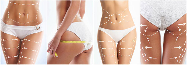 Подходящее и красивое тело молодой женщины в белом купальнике. Коллекция фотографий.